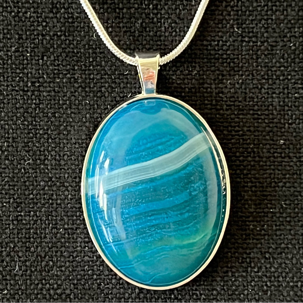 Blue Agate Pendant With Sterling Silver Snake Chain
